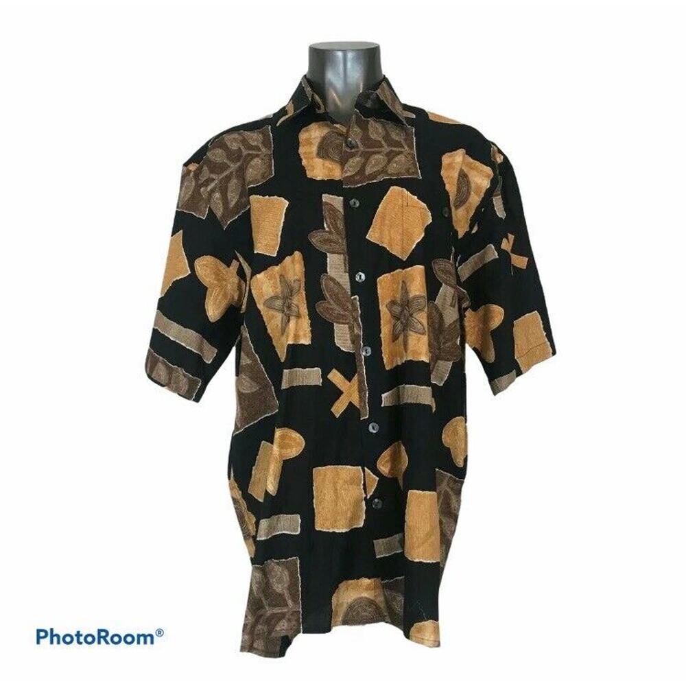 Riscotto Women's Button Up Shirt Black Gold Leaves Floral Short Sleeve Large L